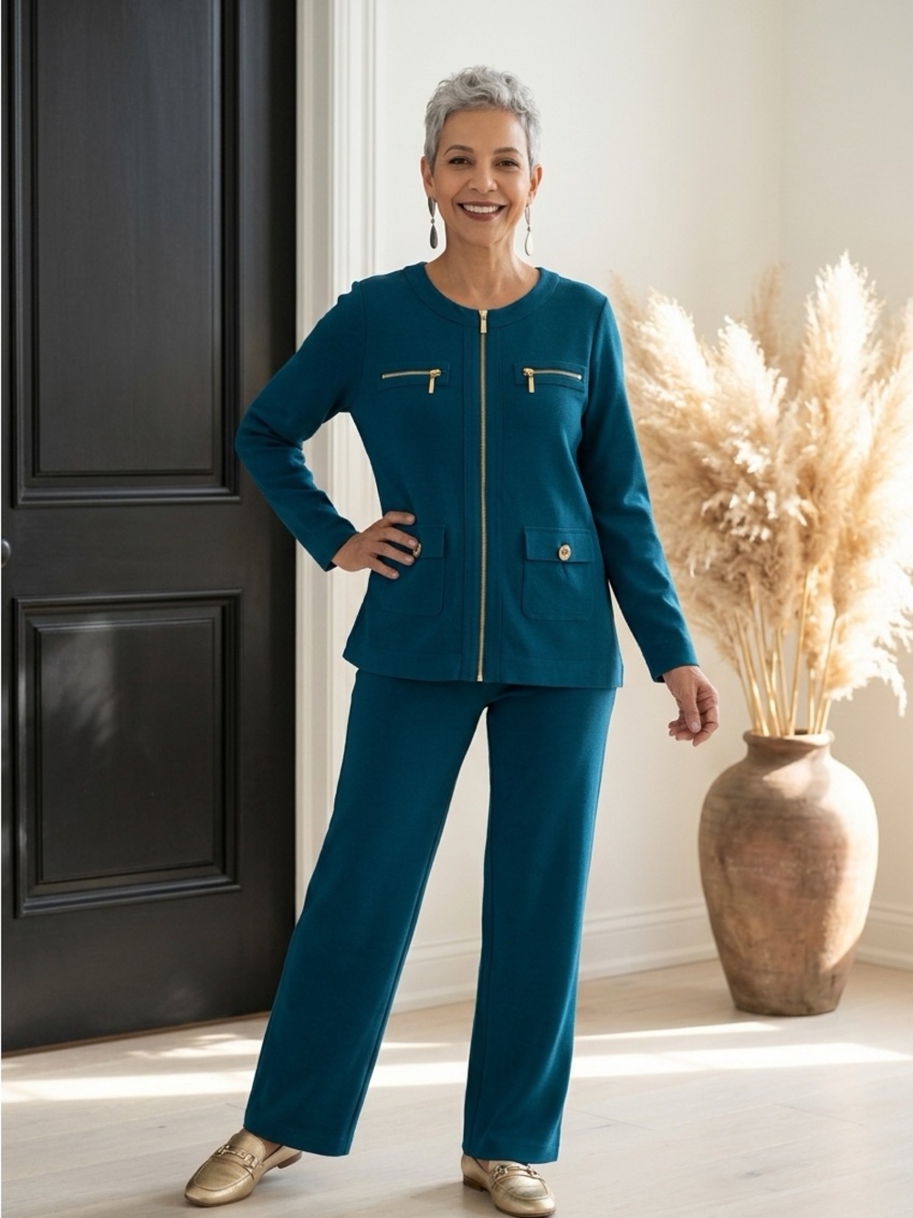 Boston Proper Teal Zip-Front Knit Jacket with Straight-Leg Pants